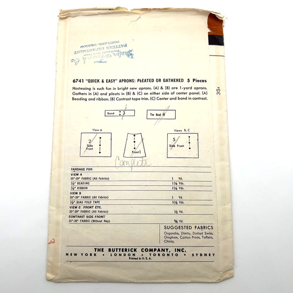 Butterick Vintage 1950's Pattern #6741 Half Apron Pleated or Gathered OS - Picture 6 of 6